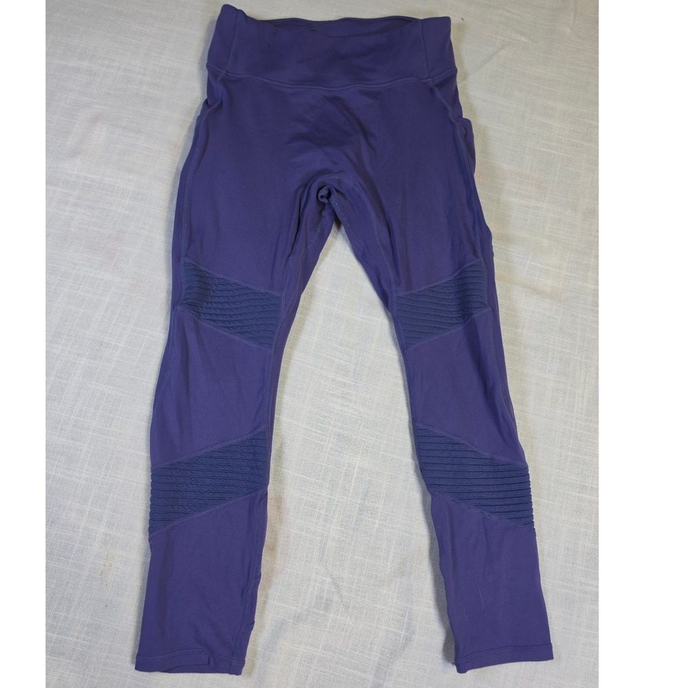 Fabletics Motion365 Purple Moto Ribbed High Waisted Leggings with Pockets